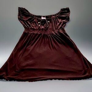 Brown Smocked Waist Swim Coverup with Tie Neck